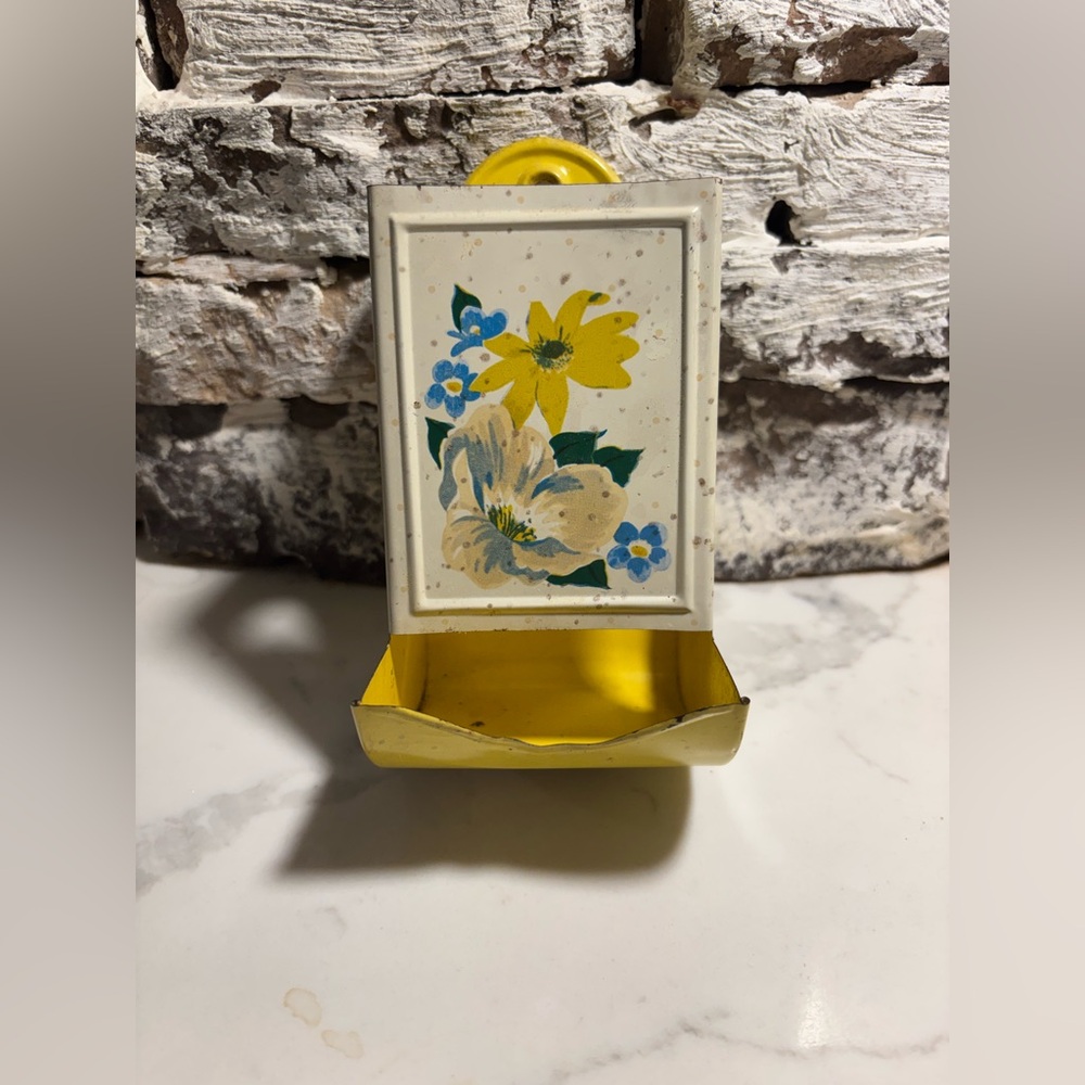 Antique Metal Floral Yellow Match Tin Safe
